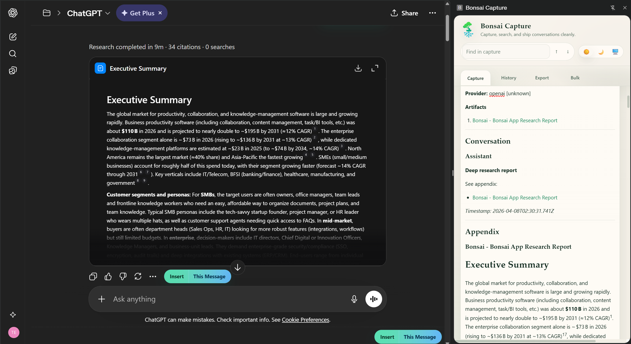 ChatGPT capture showing an Executive Summary deep research report
