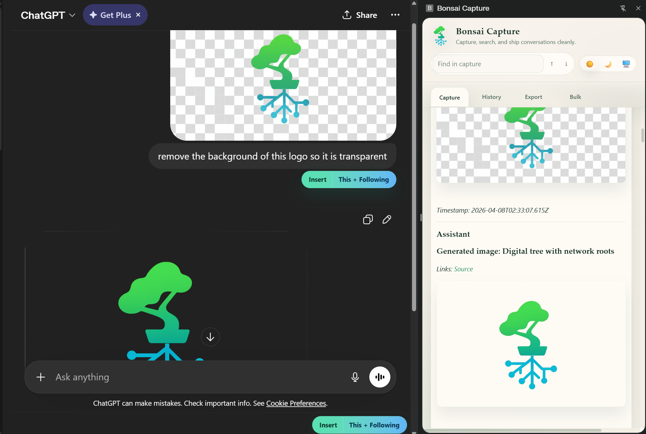 ChatGPT capture showing an image response with This Message plus Following enabled