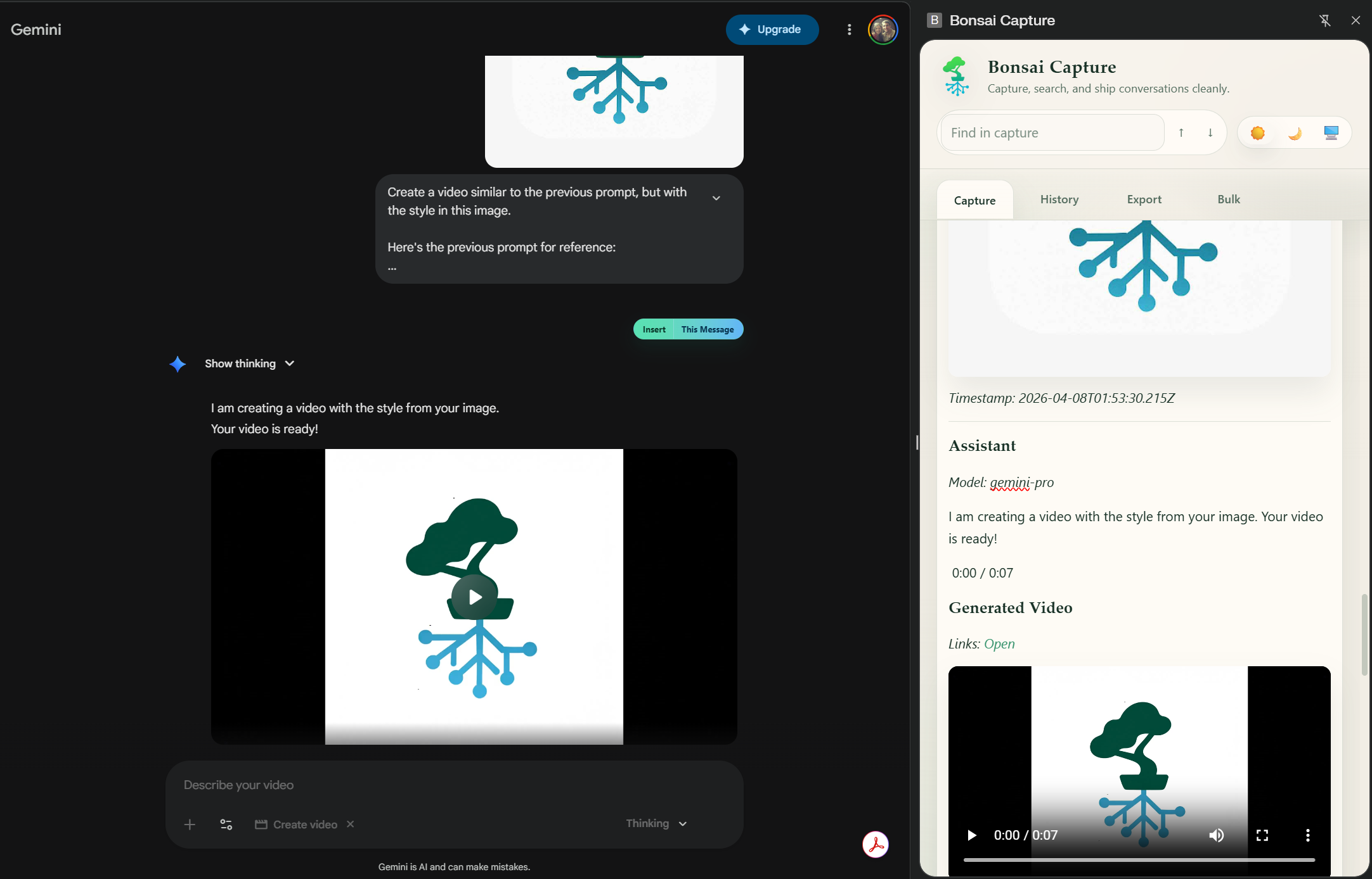 Gemini capture showing a generated video and image artifact alongside the chat